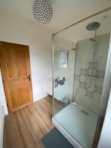 OssunLa grande maison de Tonio的一间带玻璃淋浴间和木门的浴室