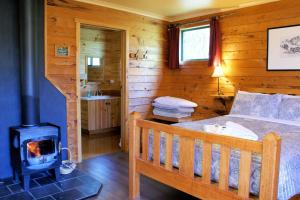 摇篮山Cradle Highlander的一间卧室配有一张床和一个燃木炉子