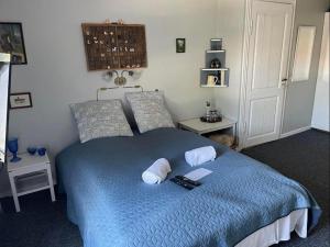 Nørre AlslevKeisergården的一间卧室配有蓝色的床和两个枕头