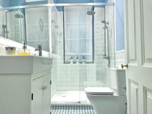 毕尔巴鄂Monappart Cristo Historic Apartment with Parking的带淋浴、卫生间和盥洗盆的浴室
