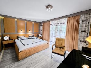 多贝尔罗斯乐酒店的一间卧室配有一张床、一张桌子和一把椅子