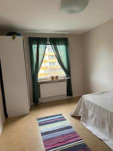 斯德哥尔摩2 sovrum i en del av lägenheten的一间卧室设有床、窗户和地毯。