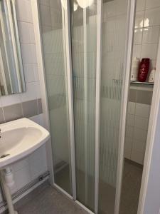 斯德哥尔摩2 sovrum i en del av lägenheten的带淋浴和盥洗盆的浴室