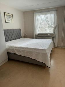 斯德哥尔摩2 sovrum i en del av lägenheten的一间卧室设有一张大床和一个窗户。