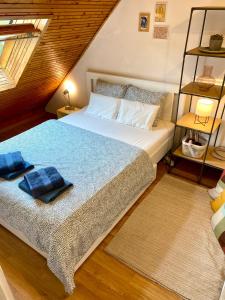 加尔多尼Napsugár Retro Apartman的一间卧室配有一张带蓝色毯子的床