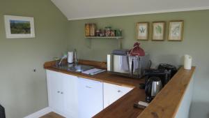 米德赫斯特The Green Room的厨房柜台配有微波炉和水槽