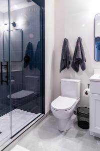 芝加哥Luxury Apartment Private Terrace的一间带卫生间和玻璃淋浴间的浴室