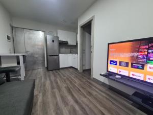 乌迪内Apartment Udine的带平面电视的客厅和厨房。