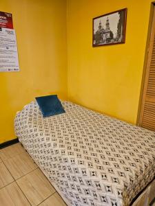 莫利纳Hostal Pucara Molina的黄色墙的房间里一张床位