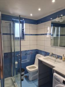 艾拉方索斯Maria’s family house’s的蓝色和白色的浴室设有卫生间和水槽