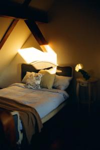 吉日茨科Poganty - Mały Domek的一间卧室配有一张带两盏灯的床。