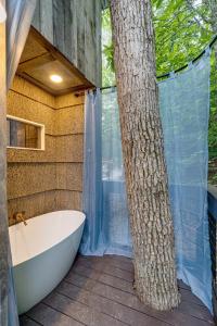 查塔努加Treetop Hideaways: The Redbud Treehouse的一间位于树旁的带浴缸的浴室