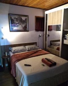 阿鲁雅Pousada Sol de Primavera的一间卧室配有一张床和镜子