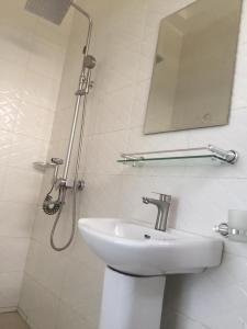 AfienyaSerengeti Rest Lodge的浴室配有盥洗盆和带镜子的淋浴