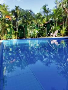 马那瓜Samuva Campestre的一座拥有蓝色海水和棕榈树的游泳池