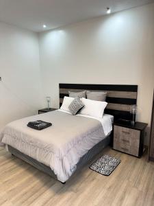 哈拉雷holiday villa的一间卧室配有一张带白色床单的大床