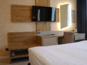 安塔利亚Isnova Hotel的酒店客房设有一张床和一张带电视的书桌。