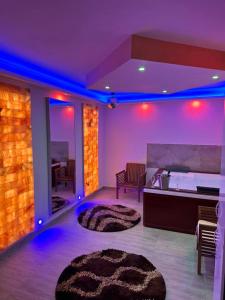 锡比乌Casa Hanea & SPA piscina exterioara incalzita ,sauna, jacuzzi privat in fiecare apartament的一间带床和地毯的客厅