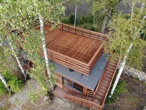 ReinaLepikumäe Holiday Home with Sauna and Hot tub for up to 16 persons的树林中木屋的顶部景色