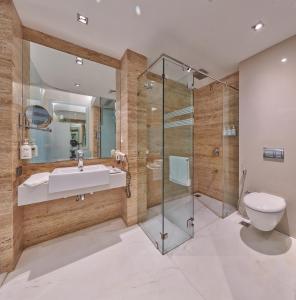孟买Hotel Residency Andheri的带淋浴、卫生间和盥洗盆的浴室