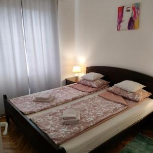 普利特维采湖Apartman "Plitvice and You"的一间卧室配有两张单人床和粉红色床单。
