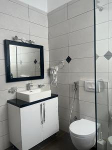 萨兰达萨兰达酒店的一间带卫生间、水槽和镜子的浴室