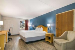 布兰森Econo Lodge的配有一张床和一把椅子的酒店客房