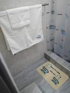 奇帕塔Ticia Apartment的带淋浴的浴室,配有迎宾垫