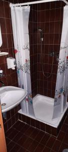 新瓦罗什Jezero的带淋浴、卫生间和盥洗盆的浴室