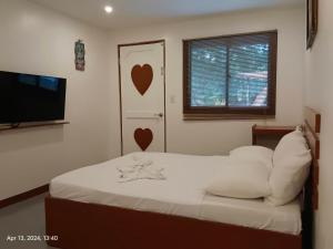 CamisanLoboc Nipa Huts Cottages Rental的一间卧室设有一张床、一台电视和一个窗口。