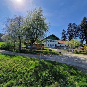 UntergriesbachLandgut Michlshof - Bauernhof, Tinyhouse, Tiere的白色的房子,有树和车道