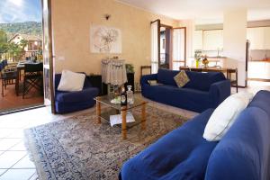 莱萨Sunflower Relax Pool and Terrace - Happy Rentals的客厅配有蓝色的沙发和桌子