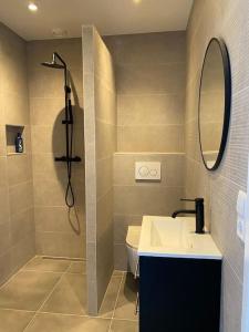 豪达Apartement City Center Gouda: View Deluxe的带淋浴、盥洗盆和卫生间的浴室