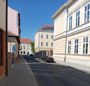 佐洛埃格塞格Szent Kristóf Apartmanhotel的街道上拥有建筑和汽车的城市街道