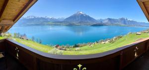 锡格里斯维尔CHALET EGGLEN "Typical Swiss House, Best Views, Private Jacuzzi"的从窗户可欣赏到湖泊和山脉的景色