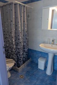 提诺斯Soula Rooms Tinos的浴室配有淋浴帘和盥洗盆。