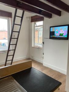 芬奇利Unique London Apartment, ideal for Long Stays的一间带电视和梯子的客厅