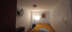 塔克纳HOTEL F0NTEs GLOBAL的小房间,配有一张黄色毯子床