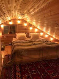 LeppäjärviVilla Aiku的一张大床,位于带灯的木制房间内