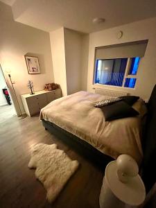 雷克雅未克Modern luxury apt downtown的一间卧室设有床、窗户和地毯。