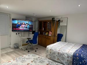 海斯North Avenue, Guest House, Heathrow Airport-Free Parking的一间卧室配有一张床和一台平面电视