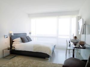 洛桑VISIONAPARTMENTS Rue Caroline - contactless check-in的一间卧室配有一张床、一张书桌和一个窗户。