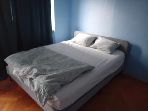 马尔默Naza cool villa!的一张带白色床单和枕头的床
