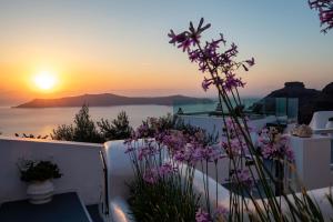 菲罗斯特法尼Santorini View Studios - Firostefani Caldera的阳台享有日落美景,种有紫色鲜花