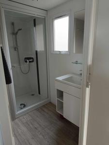 Oye-PlageMobilhome Baltique的带淋浴和盥洗盆的白色浴室