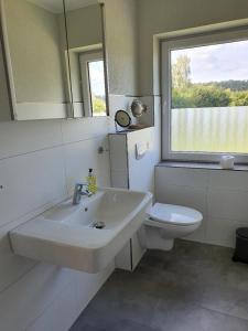 LütowFerienwohnung für 2 Personen ca 45 qm in Lütow, Ostseeküste Deutschland Usedom的一间带水槽、卫生间和镜子的浴室