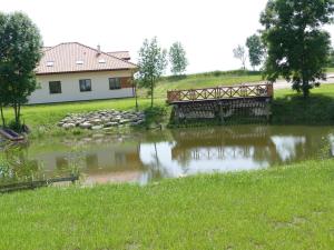 米科瓦伊基Apartamenty Mazury的田野上池塘上的木桥