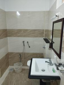 韦洛尔ANNAI RESIDENCY的一间带水槽、镜子和卫生间的浴室