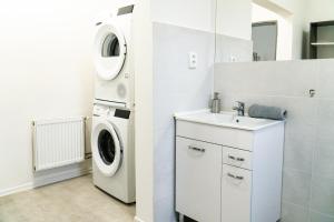拉贝河畔乌斯季J&M Apartments的白色洗衣房配有洗衣机和水槽