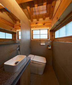 首尔Luxury hanok with private bathtub - SN01的一间带卫生间和水槽的小浴室